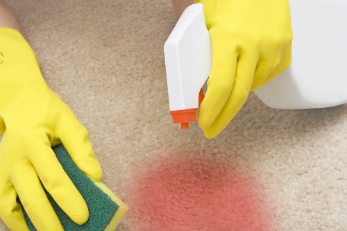 Cleaner using safe working practices with protective equipment